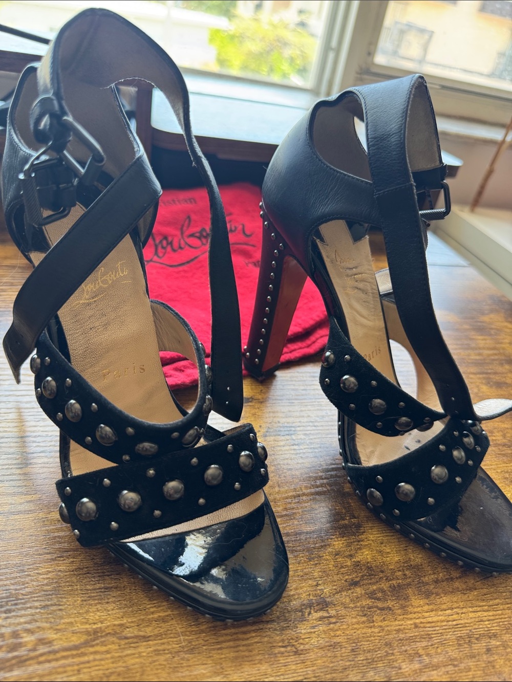 Christian Louboutin Black Studded Crisscross Ankle Strap Heels